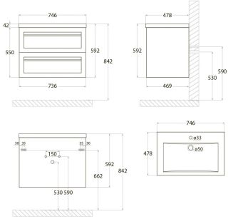 Подвесная тумба под раковину Art&Max Platino 75см белый матовый AM-Platino-750-2C-SO-BM